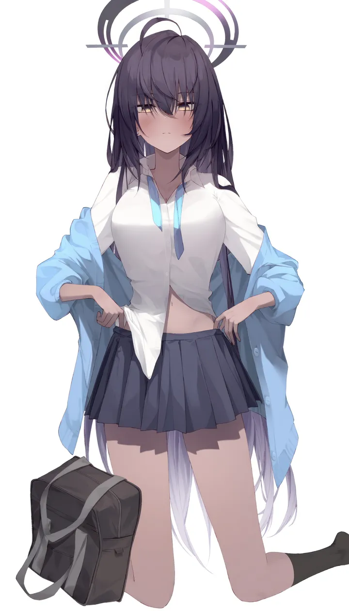 1girl,school_bag,breasts,bangs,bag,solo,kneehighs,ahoge,closed_mouth,halo,jacket,hair_between_eyes,cardigan,very_long_hair,collared_shirt,simple_background,school_uniform,dark_skin,white_background,white_shirt,pleated_skirt,looking_at_viewer,skirt,vertical,navel,undressing,blush,shirt,socks,open_clothes,undone_necktie,kneeling,large_breasts,collarbone,long_hair,necktie,yellow_eyes,dark-skinned_female,black_hair,black_skirt,black_socks