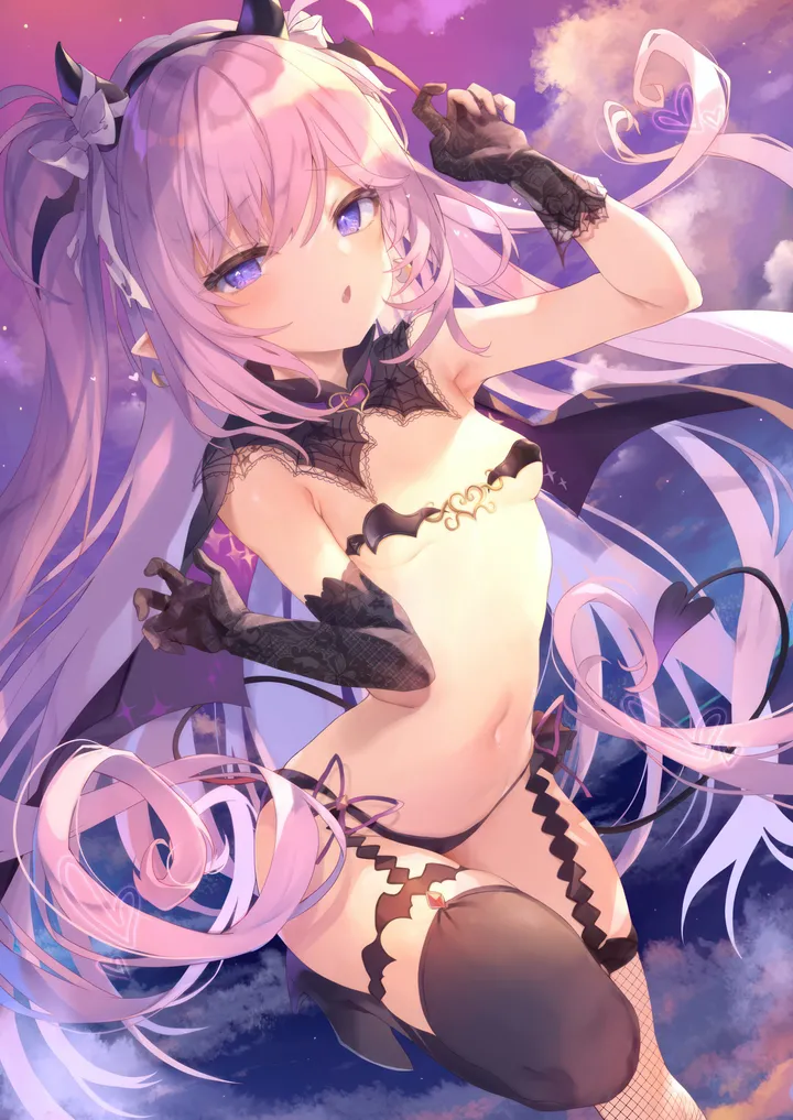 1girl,side-tie_bikini_bottom,asymmetrical_gloves,arm_up,breasts,solo,leg_up,hairband,garter_straps,thighs,pointy_ears,two_side_up,stomach,tail,open_mouth,very_long_hair,demon_girl,demon_tail,demon_wings,demon_horns,gloves,cape,hand_up,bikini,swimsuit,fishnets,looking_at_viewer,revealing_clothes,vertical,pink_hair,string_bikini,purple_eyes,wings,navel,armpits,fang,horns,small_breasts,thighhighs,long_hair,elbow_gloves,boots,bare_shoulders,high_heels,black_gloves,black_bikini,black_thighhighs,black_footwear