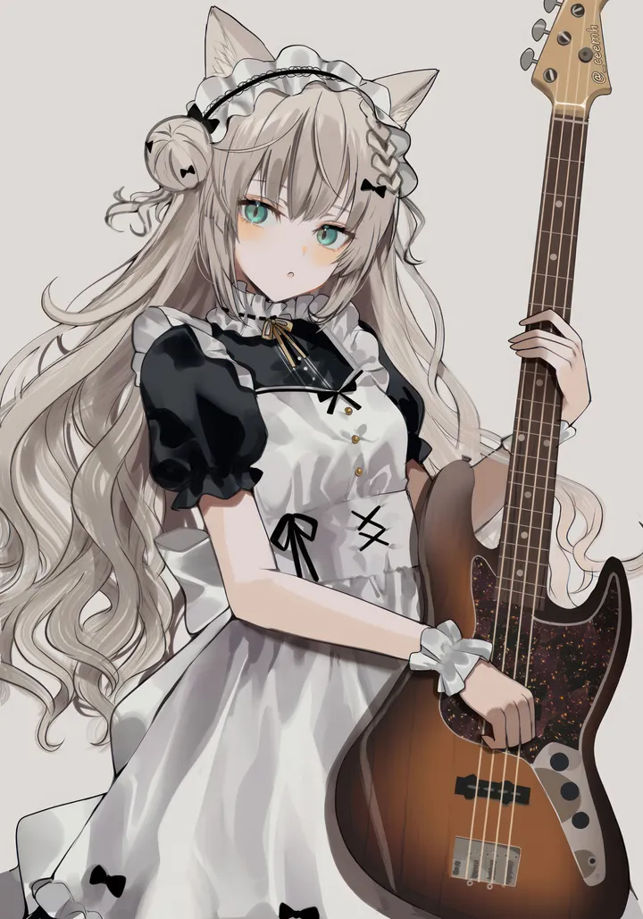 1girl,double_bun,braid,ribbon,instrument,animal_ears,bangs,solo,guitar,hair_bun,apron,hair_ornament,maid,maid_apron,maid_headdress,very_long_hair,parted_lips,holding_instrument,holding,simple_background,aqua_eyes,grey_hair,cat_ears,electric_guitar,white_apron,white_background,looking_at_viewer,short_sleeves,vertical,wrist_cuffs,animal_ear_fluff,blush,frills,frilled_hairband,puffy_short_sleeves,puffy_sleeves,bow,dress,bell,long_hair,black_ribbon,black_dress