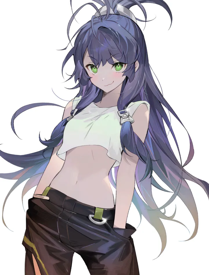 1girl,antenna_hair,breasts,bangs,solo,hands_in_pockets,closed_mouth,very_long_hair,sleeveless,simple_background,white_background,white_shirt,v-shaped_eyebrows,looking_at_viewer,vertical,smile,green_eyes,navel,blush,blue_hair,shirt,pants,long_hair,midriff,crop_top,ponytail,black_pants