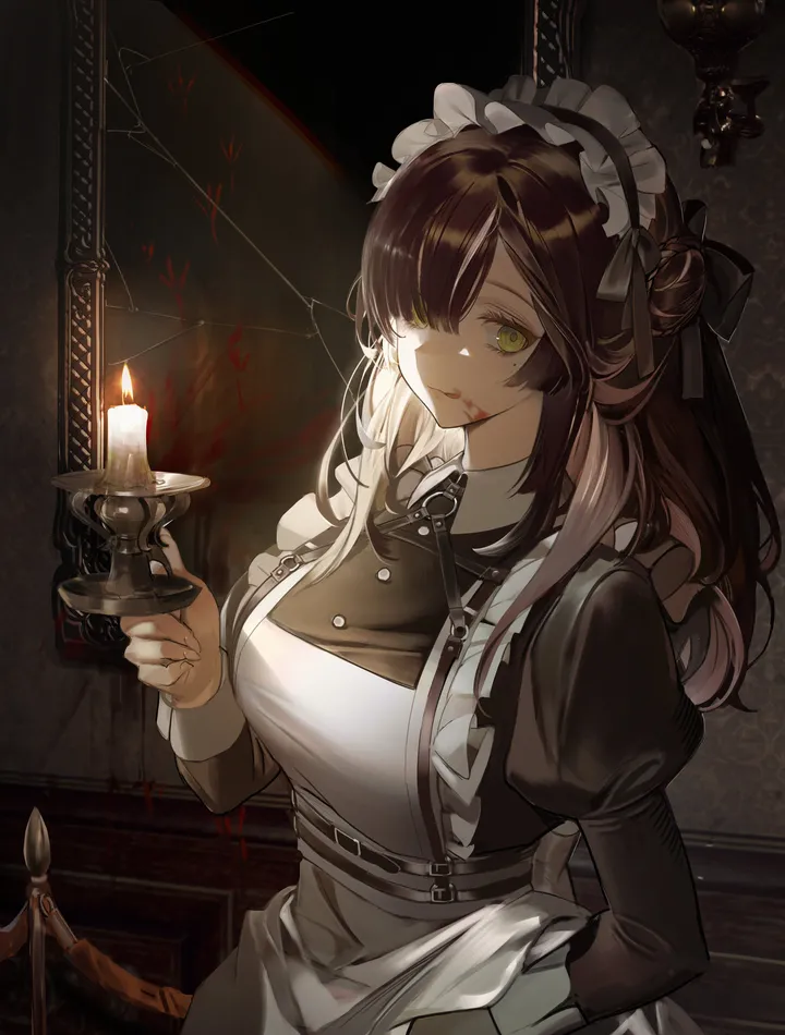 1girl,breasts,bangs,solo,single_hair_bun,arm_behind_back,tongue_out,closed_mouth,hair_bun,apron,multicolored_hair,hair_over_one_eye,maid,maid_apron,maid_headdress,indoors,holding,juliet_sleeves,brown_hair,candlestand,white_apron,looking_at_viewer,vertical,green_eyes,blood_on_face,tongue,licking_lips,frills,frilled_apron,puffy_sleeves,candle,blood,large_breasts,dress,mirror,long_hair,long_sleeves,black_dress