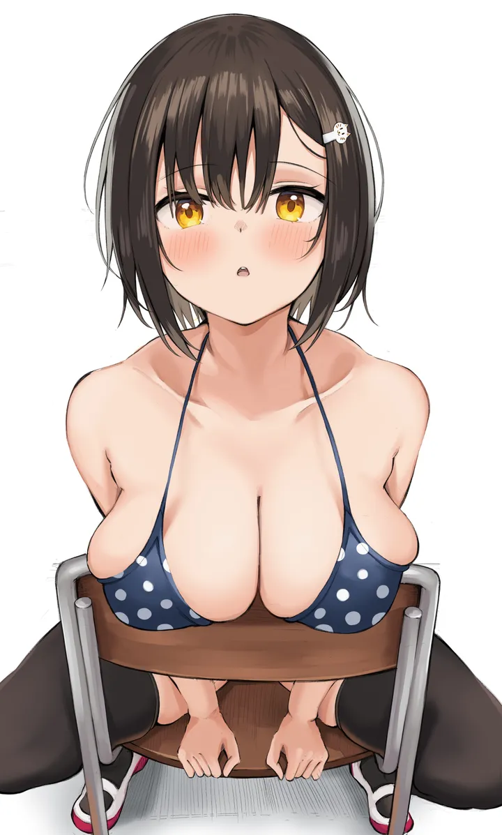 1girl,breasts,cleavage,sitting_backwards,spread_legs,bangs,solo,hairclip,polka_dot_bikini,polka_dot,sitting,hair_ornament,open_mouth,parted_lips,simple_background,brown_hair,chair,bikini,swimsuit,white_background,looking_at_viewer,short_hair,vertical,halterneck,blush,blue_bikini,large_breasts,thighhighs,collarbone,bare_shoulders,shoes,yellow_eyes,black_hair,black_thighhighs