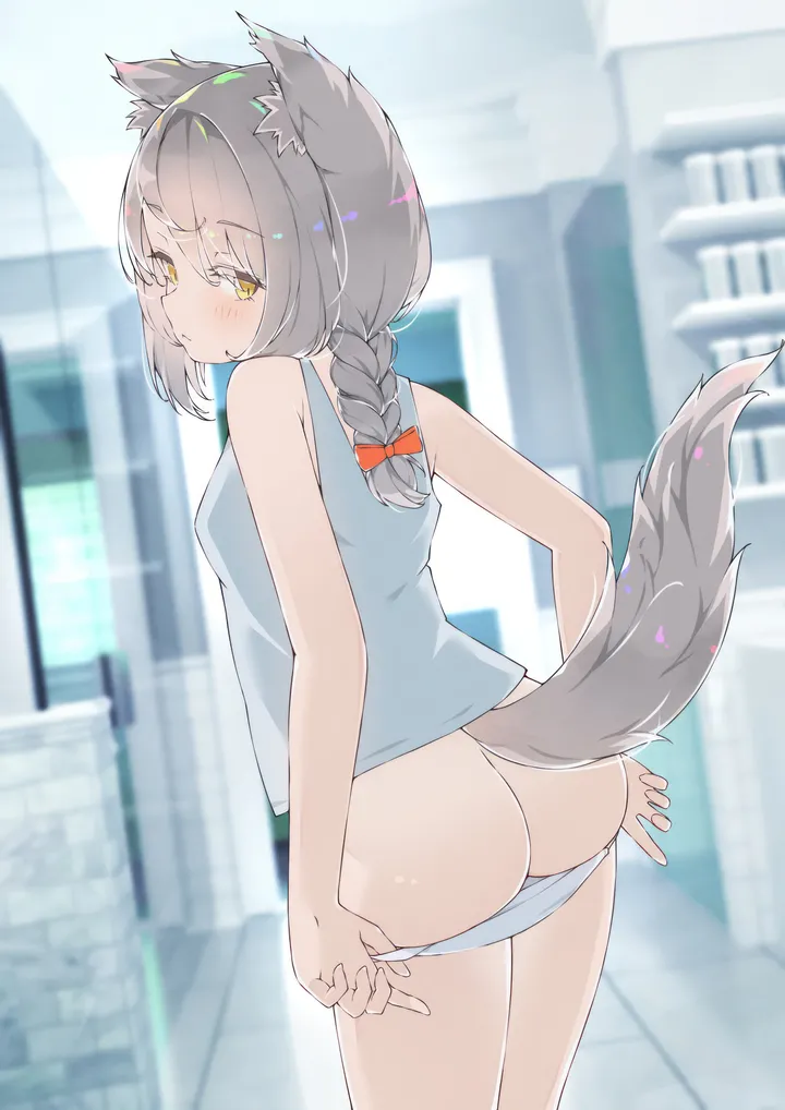 1girl,braid,animal_ears,underwear,panties,bangs,solo,looking_back,tail,ass,building,outdoors,pulled_by_self,tank_top,blurry,blurry_background,grey_hair,white_panties,looking_at_viewer,vertical,red_bow,animal_ear_fluff,from_behind,blush,bow,hair_bow,panty_pull,bare_arms,long_hair,bare_shoulders,yellow_eyes