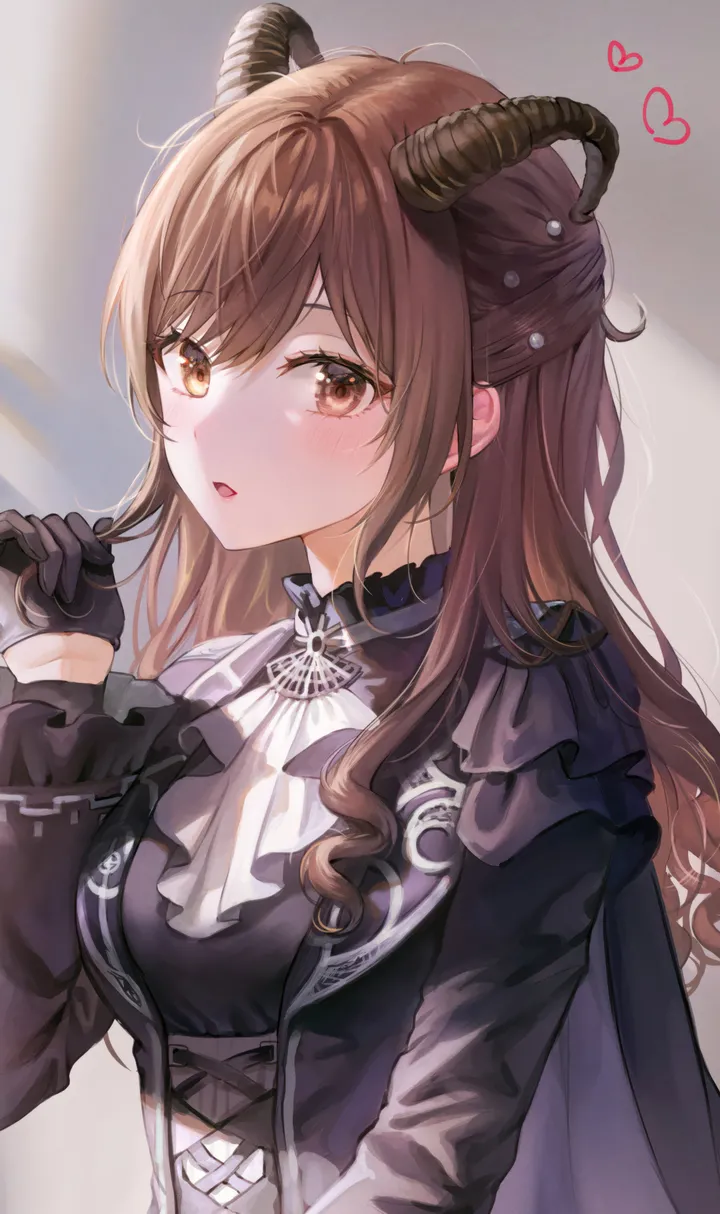 1girl,medium_breasts,breasts,upper_body,half_updo,bangs,solo,open_mouth,heart,gloves,cape,hand_up,brown_hair,brown_eyes,white_ascot,looking_at_viewer,vertical,blush,horns,long_hair,long_sleeves,ascot,black_gloves,black_dress