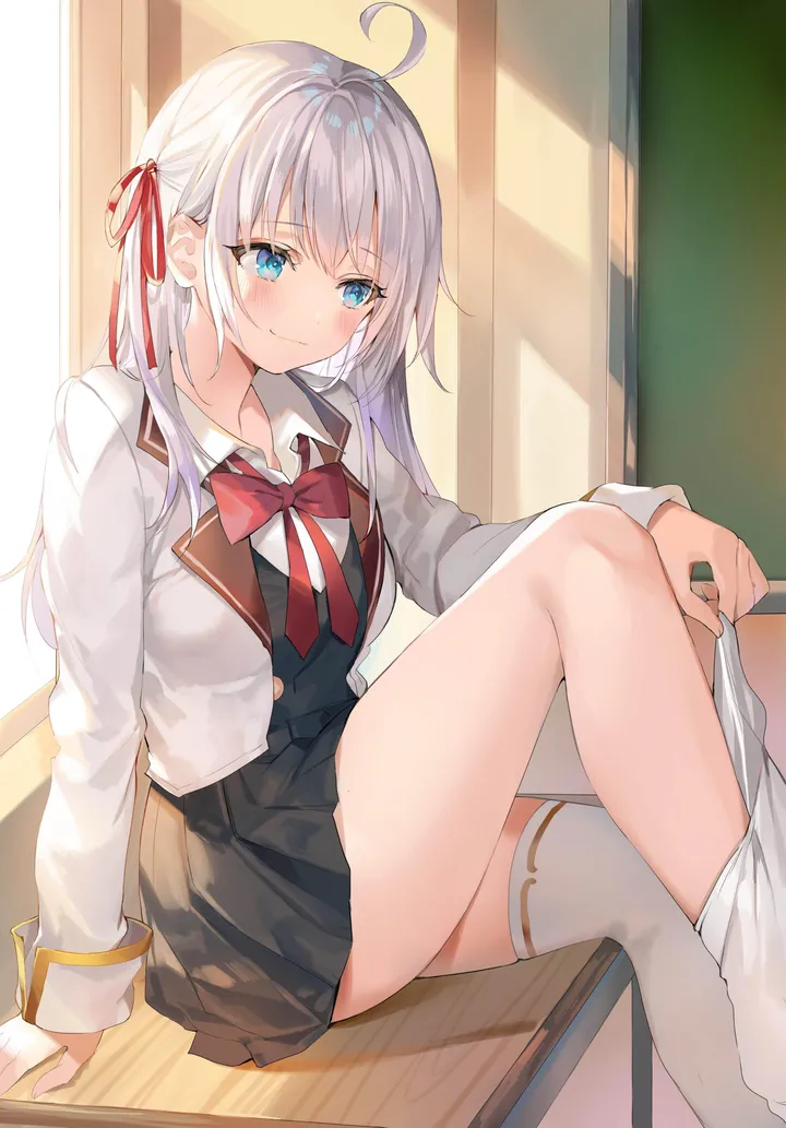 1girl,ribbon,desk,bangs,solo,knee_up,ahoge,closed_mouth,on_desk,sitting,thighs,hair_ribbon,jacket,indoors,classroom,collared_shirt,school_uniform,white_hair,white_jacket,white_shirt,white_thighhighs,pleated_skirt,skirt,vertical,red_ribbon,red_bow,red_bowtie,vest,blush,blue_eyes,bow,shirt,blazer,open_jacket,open_clothes,thighhighs,miniskirt,long_hair,long_sleeves,bowtie,black_skirt