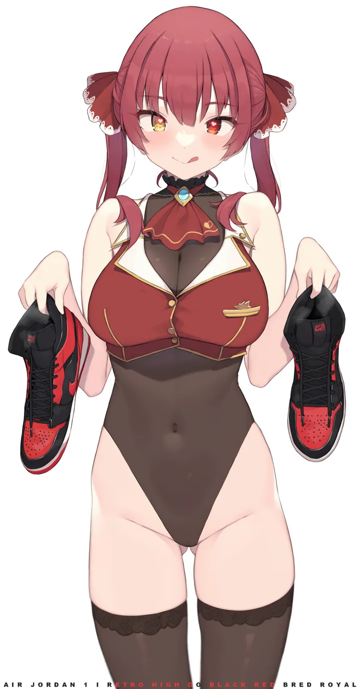 1girl,virtual_youtuber,ribbon,breasts,cleavage,bangs,see-through,solo,twintails,tongue_out,hair_ribbon,heterochromia,holding,holding_shoes,sleeveless,simple_background,ass_visible_through_thighs,white_background,looking_at_viewer,vertical,smile,leotard,red_ribbon,red_hair,red_eyes,red_ascot,shoes_removed,blush,tongue,large_breasts,thighhighs,sneakers,see-through_leotard,long_hair,covered_navel,bare_shoulders,shoes,ascot,highleg,highleg_leotard,yellow_eyes,black_thighhighs