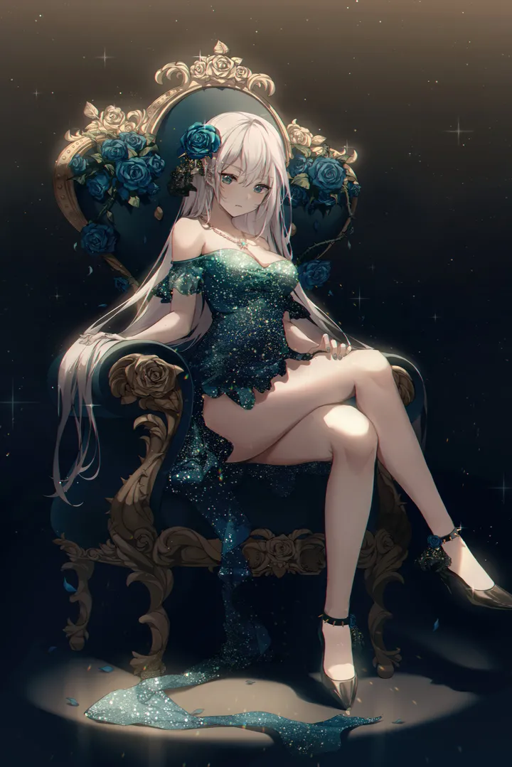 1girl,medium_breasts,breasts,cleavage,crossed_legs,light_particles,full_body,bangs,solo,closed_mouth,sitting,thighs,hair_flower,hair_ornament,very_long_hair,bracelet,chair,rose,jewelry,white_hair,looking_at_viewer,vertical,green_dress,earrings,petals,sparkle,blue_rose,blue_eyes,blue_flower,large_breasts,dress,collarbone,long_hair,bare_shoulders,off_shoulder,off-shoulder_dress,necklace,high_heels,flower,black_footwear