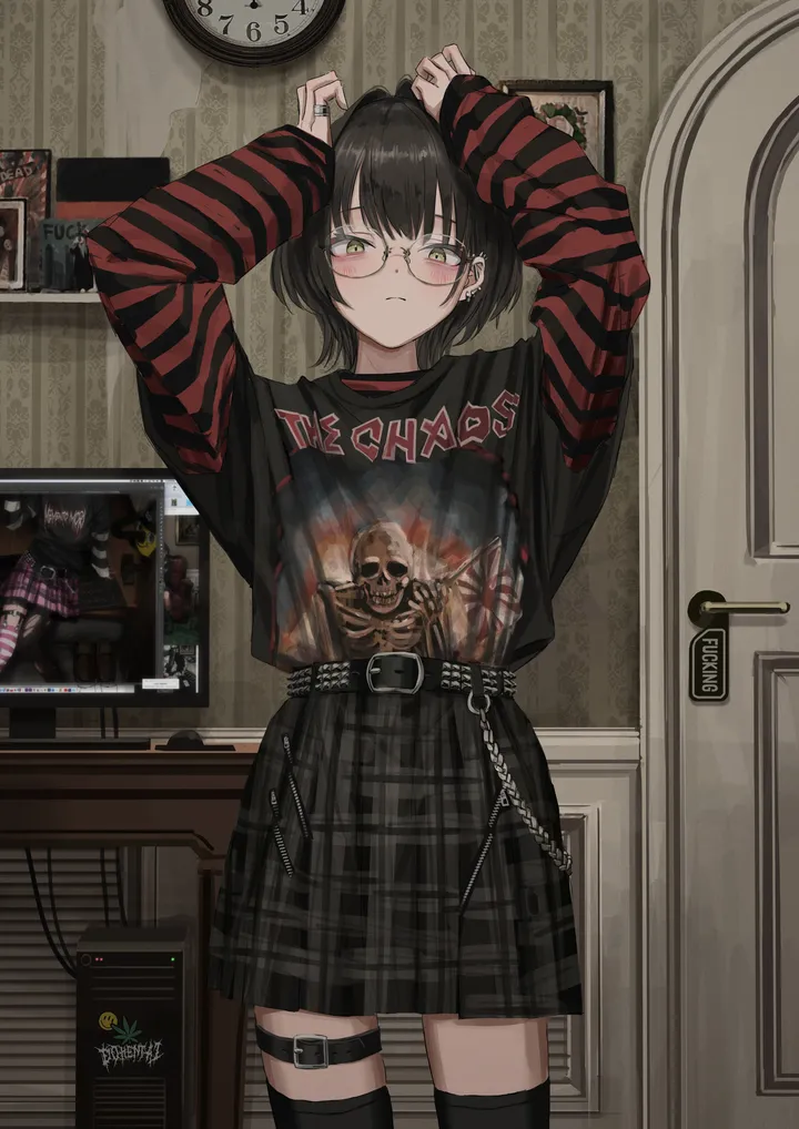 1girl,cowboy_shot,arms_up,cabinet,bangs,cross,solo,print_shirt,hands_up,closed_mouth,round_eyewear,thigh_strap,indoors,latin_cross,wall_clock,nail_polish,clock,monitor,profanity,striped,plaid,plaid_skirt,poster_object,jewelry,pleated_skirt,belt,looking_at_viewer,glasses,short_hair,skirt,vertical,standing,smiley_face,laptop,zettai_ryouiki,earrings,blush,english_text,shirt,sleeves_past_wrists,computer,thighhighs,long_sleeves,door,yellow_eyes,black_hair,black_nails,black_skirt,black_belt,black_shirt,black_thighhighs