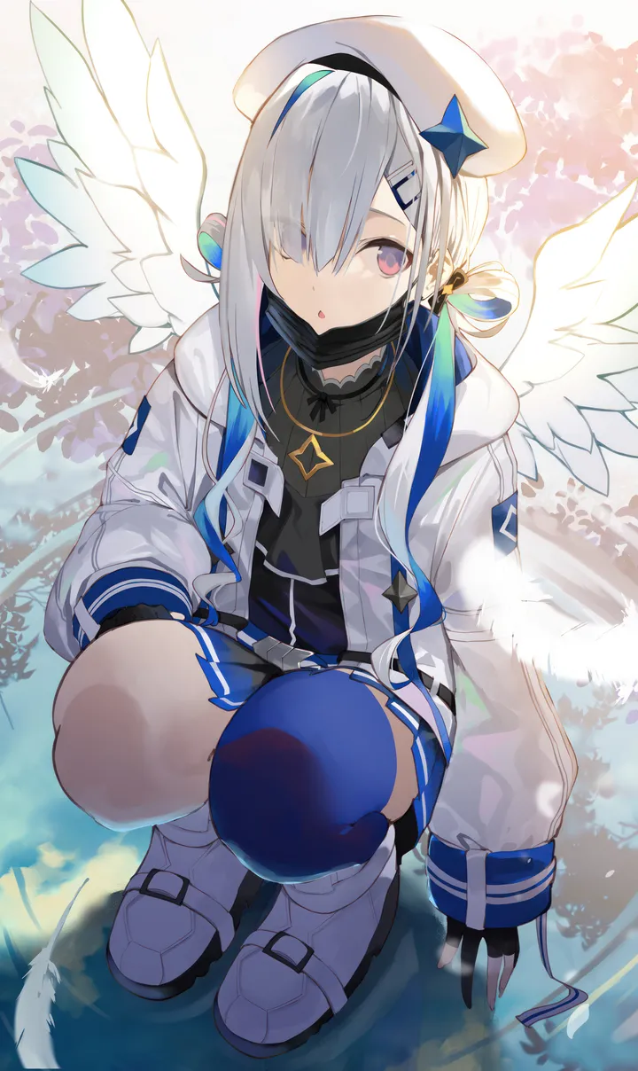 1girl,virtual_youtuber,asymmetrical_legwear,hood,colored_inner_hair,bangs,solo,single_thighhigh,reflection,hairclip,mouth_mask,multicolored_hair,angel,angel_wings,hair_ornament,hair_over_one_eye,jacket,official_alternate_hairstyle,official_alternate_hair_length,hat,parted_lips,gloves,partially_fingerless_gloves,streaked_hair,grey_hair,white_hair,white_headwear,white_jacket,white_wings,white_footwear,pleated_dress,looking_to_the_side,skirt,vertical,purple_eyes,feathered_wings,wings,blue_hair,blue_thighhighs,open_jacket,open_clothes,beret,squatting,thighhighs,eyes_visible_through_hair,long_hair,long_sleeves,mask,shoes,necklace,hair_rings,black_gloves
