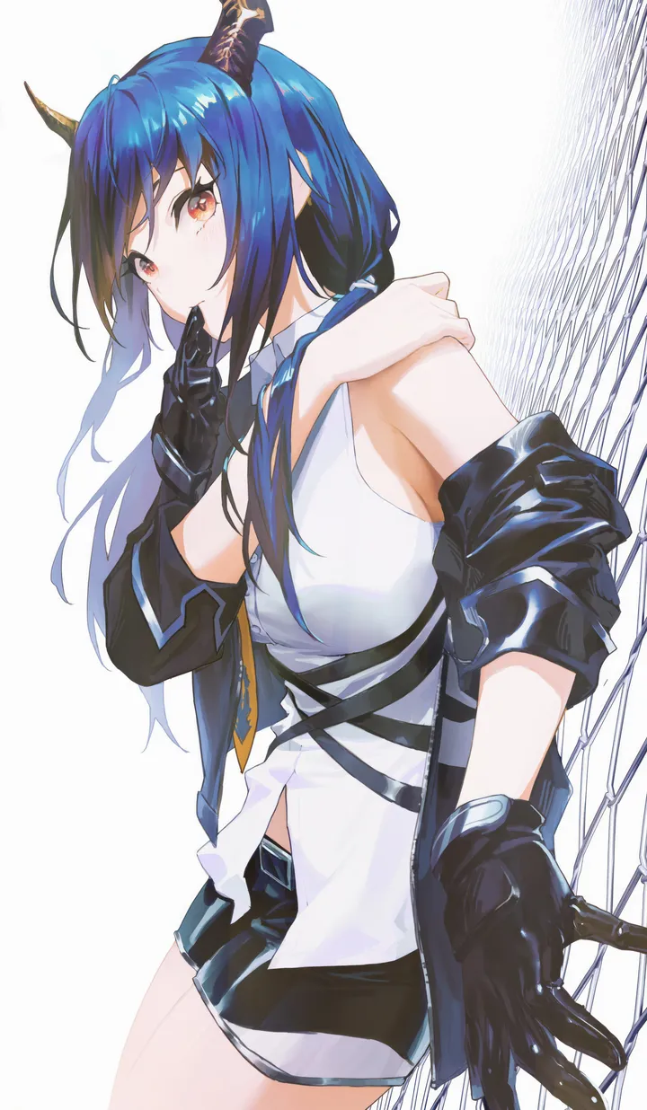 1girl,cowboy_shot,breasts,bangs,solo,thighs,jacket,gloves,sleeveless,sleeveless_shirt,white_background,white_shirt,looking_at_viewer,shorts,vertical,short_shorts,red_eyes,blue_hair,shirt,horns,open_jacket,open_clothes,long_hair,bare_shoulders,off_shoulder,necktie,black_jacket,black_gloves,black_shorts,dragon_horns