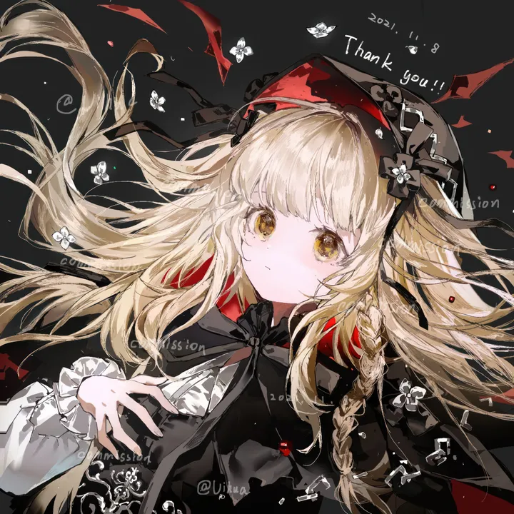 1girl,braid,ribbon,upper_body,hood,bangs,solo,closed_mouth,simple_background,white_flower,vertical,bow,dress,blonde_hair,long_hair,long_sleeves,flower,yellow_eyes,black_background,black_bow,black_dress