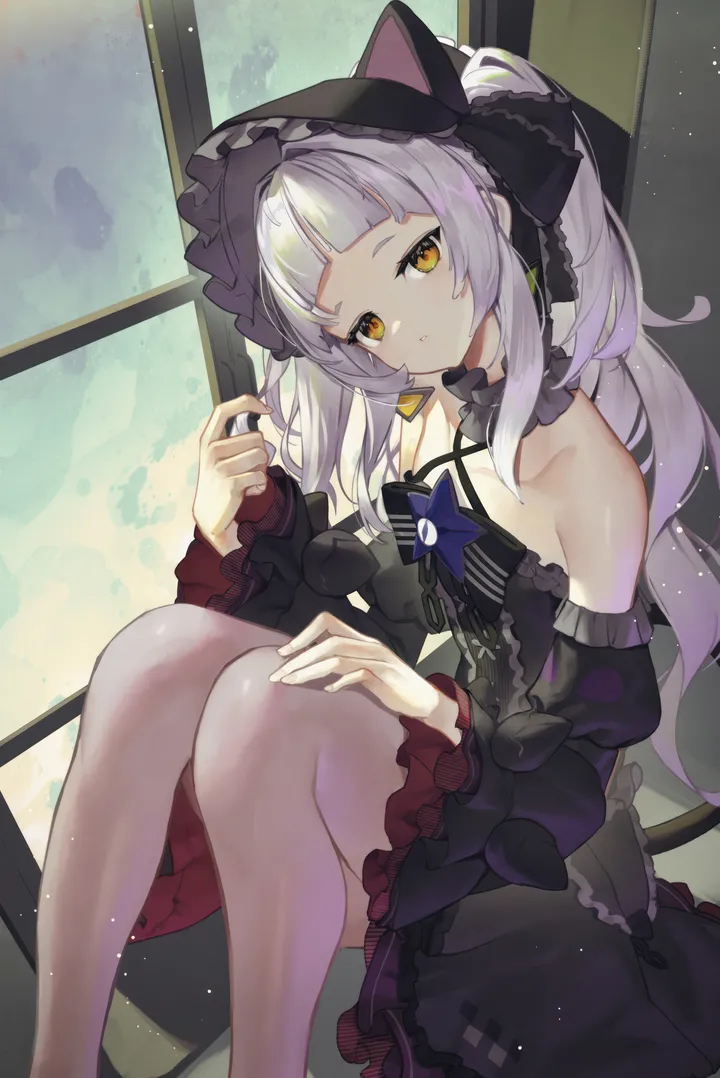 1girl,virtual_youtuber,detached_sleeves,ribbon,criss-cross_halter,animal_ears,bangs,solo,feet_out_of_frame,twintails,bonnet,gothic_lolita,closed_mouth,sitting,hair_ribbon,sidelocks,indoors,wide_sleeves,tail,knees_up,sleeveless,sleeveless_dress,star_brooch,juliet_sleeves,lolita_fashion,grey_hair,cat_girl,cat_tail,cat_ears,jewelry,blunt_bangs,looking_at_viewer,window,vertical,halterneck,brooch,armpit_crease,frills,frilled_dress,frilled_choker,puffy_sleeves,bow,short_eyebrows,dress,pantyhose,collarbone,long_hair,long_sleeves,bare_shoulders,halter_dress,choker,yellow_eyes,black_headwear,black_sleeves,black_dress