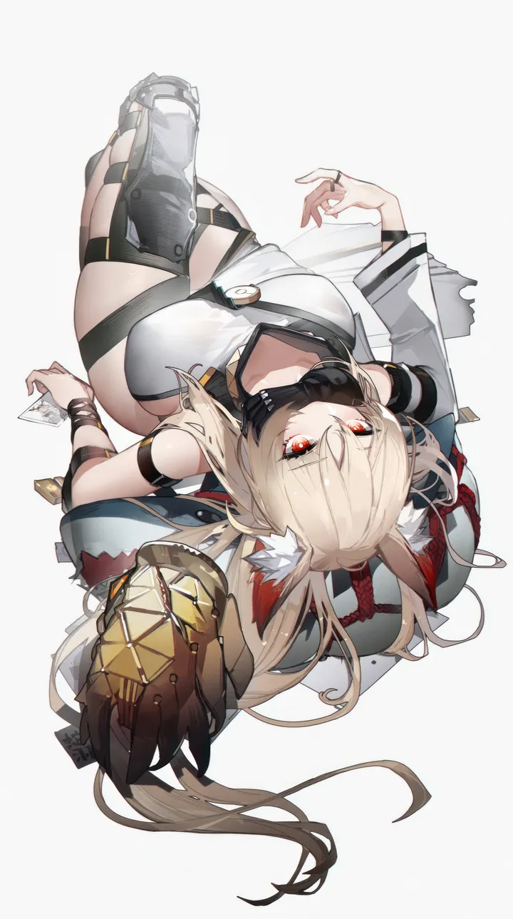 1girl,detached_sleeves,breasts,on_back,animal_ears,bangs,solo,thighs,very_long_hair,simple_background,jewelry,white_background,looking_at_viewer,vertical,red_eyes,animal_ear_fluff,lying,large_breasts,blonde_hair,long_hair,mask