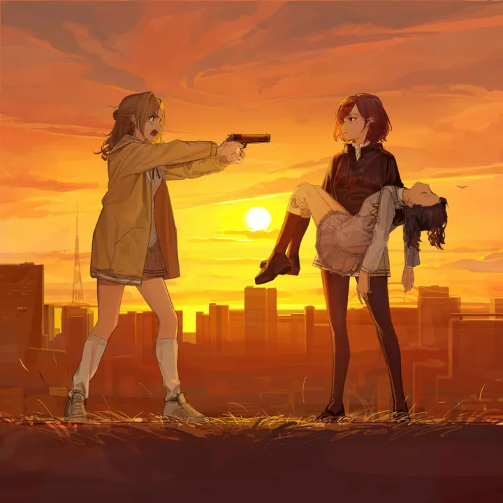 3girls,ribbon,loafers,full_body,princess_carry,single_hair_bun,kneehighs,closed_eyes,twintails,hairclip,hair_bun,multiple_girls,sky,sun,single_side_bun,hair_ornament,jacket,cardigan,open_mouth,outdoors,holding_weapon,handgun,carrying,holding_gun,holding,sunset,gun,school_uniform,plaid,plaid_skirt,brown_hair,weapon,sweater,mole_under_eye,grey_skirt,mole,white_shirt,pleated_skirt,short_hair,skirt,vertical,purple_eyes,shirt,socks,open_clothes,pantyhose,miniskirt,long_hair,long_sleeves,shoes,neck_ribbon,piggyback,black_hair