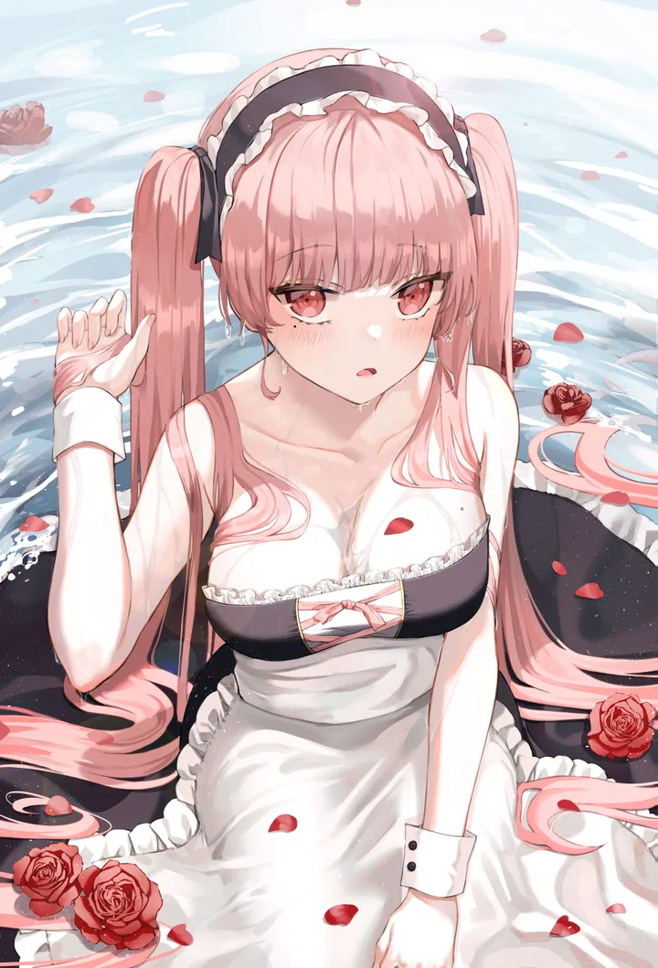 1girl,breasts,cleavage,bangs,solo,twintails,hairband,apron,maid,maid_apron,maid_headdress,open_mouth,very_long_hair,hand_up,strapless,water,petals_on_liquid,rose,rose_petals,white_apron,looking_at_viewer,vertical,pink_hair,pink_eyes,wrist_cuffs,red_rose,red_flower,blush,petals,frills,frilled_dress,wet,large_breasts,dress,partially_submerged,collarbone,long_hair,bare_shoulders,flower,black_dress