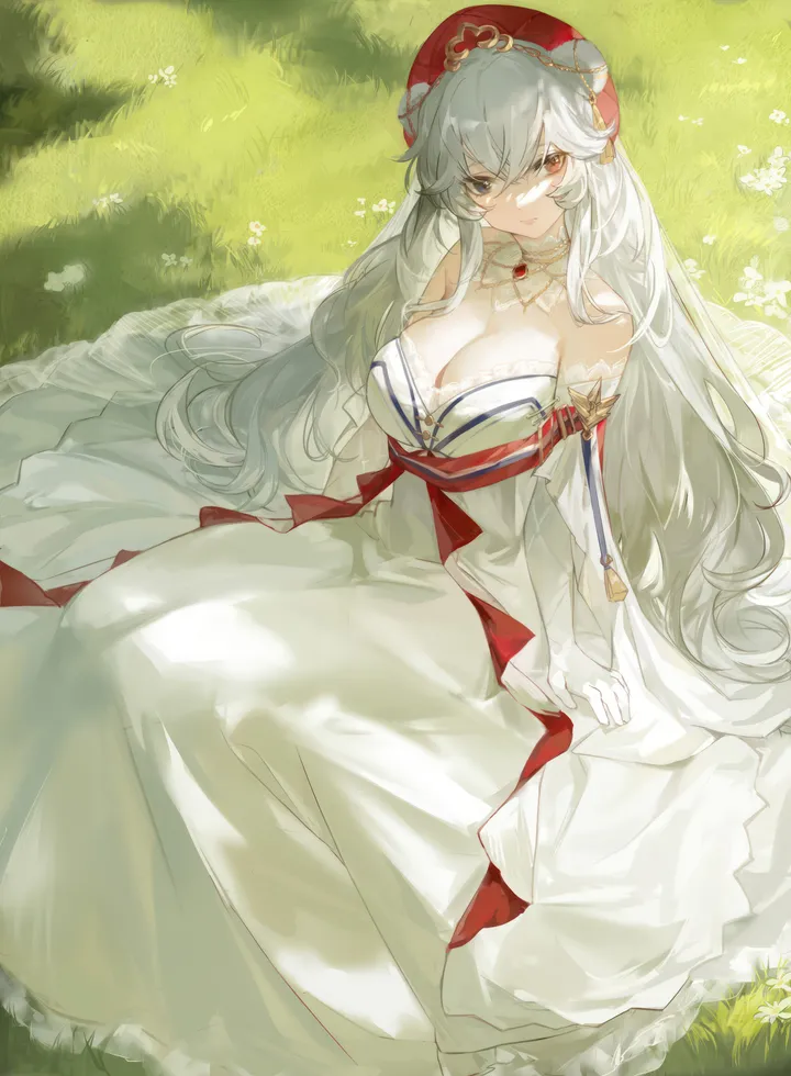 1girl,breasts,cleavage,animal_ears,bangs,solo,sitting,official_alternate_costume,hat,hair_between_eyes,heterochromia,very_long_hair,outdoors,gloves,strapless,strapless_dress,bear_ears,jewelry,white_hair,white_gloves,white_collar,white_dress,looking_at_viewer,vertical,smile,red_headwear,red_eyes,grass,blue_eyes,large_breasts,dress,long_hair,elbow_gloves,bare_shoulders,detached_collar