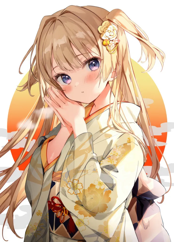 1girl,upper_body,bangs,solo,print_kimono,hands_up,own_hands_together,kimono,obi,hair_flower,hair_ornament,wide_sleeves,two_side_up,parted_lips,japanese_clothes,sash,brown_hair,white_flower,looking_at_viewer,vertical,purple_eyes,blush,floral_print,blue_eyes,blonde_hair,long_hair,long_sleeves,flower,yellow_flower