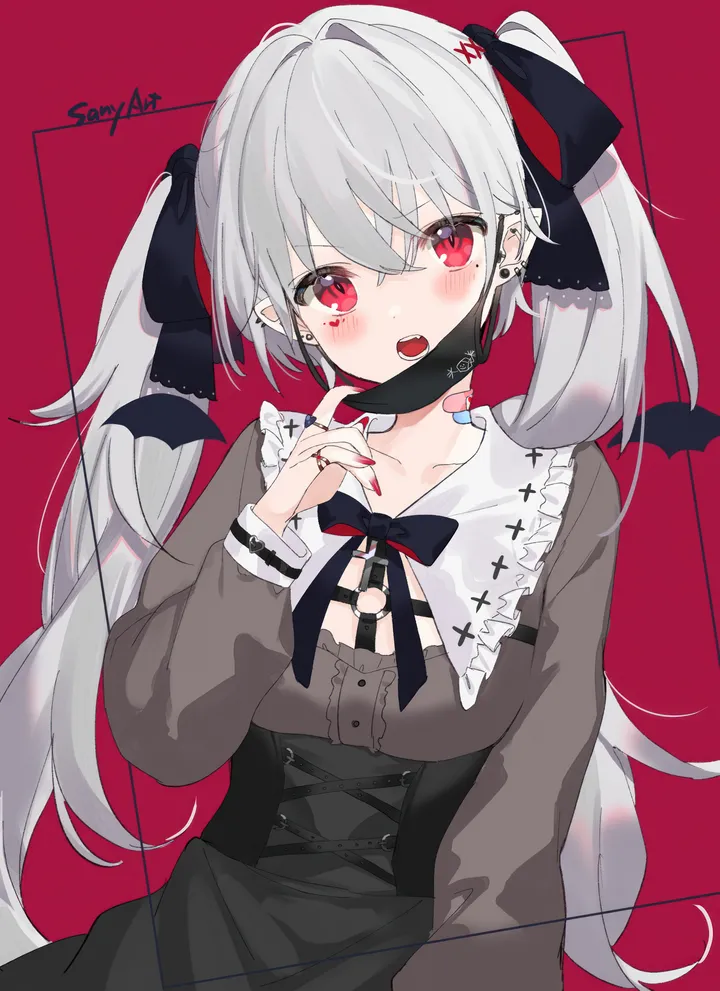 1girl,virtual_youtuber,mask_pull,ribbon,breasts,bangs,bandaid,solo,twintails,mouth_mask,vampire,jirai_kei,fangs,hair_ribbon,pointy_ears,hair_between_eyes,open_mouth,very_long_hair,heart,genderswap,ring,hand_up,nail_polish,collared_shirt,grey_hair,jewelry,genderswap_mtf,looking_at_viewer,skirt,piercing,ear_piercing,vertical,red_nails,red_eyes,red_background,earrings,blush,frills,bow,hair_bow,shirt,collarbone,long_hair,long_sleeves,mask,black_skirt,black_bow