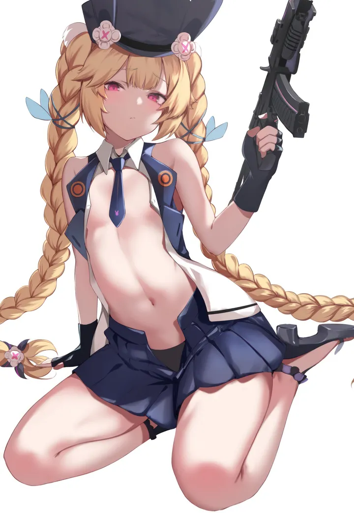 1girl,braid,twin_braids,breasts,underwear,panties,bangs,solo,twintails,closed_mouth,sitting,hair_ornament,hat,very_long_hair,gloves,holding_weapon,holding_gun,holding,fingerless_gloves,sleeveless,simple_background,gun,weapon,white_background,pleated_skirt,looking_at_viewer,skirt,vertical,pink_eyes,red_eyes,navel,blush,blue_skirt,blue_necktie,shirt,open_clothes,open_shirt,small_breasts,blonde_hair,long_hair,necktie,wariza,black_panties,black_headwear,black_gloves,black_footwear