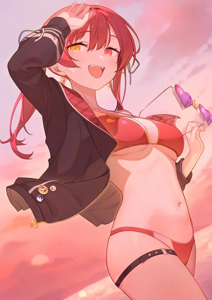 1girl,virtual_youtuber,cowboy_shot,medium_breasts,arm_up,breasts,bangs,solo,twintails,sunglasses,thigh_strap,jacket,stomach,heterochromia,open_mouth,badge,heart,heart-shaped_eyewear,heart_earrings,holding,holding_eyewear,eyewear_removed,sunset,tinted_eyewear,bikini,swimsuit,jewelry,looking_at_viewer,vertical,smile,red_hair,red_bikini,red_eyes,button_badge,earrings,navel,open_jacket,open_clothes,long_hair,long_sleeves,yellow_eyes,black_jacket