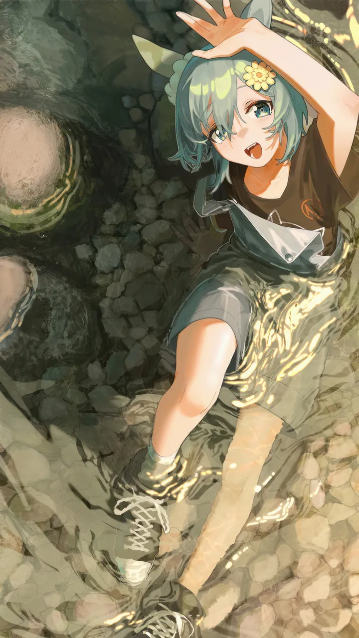 1girl,arm_up,animal_ears,bangs,solo,sitting,hair_flower,hair_ornament,rock,overalls,overall_shorts,open_mouth,water,looking_at_viewer,short_hair,short_sleeves,vertical,smile,green_hair,blue_eyes,shirt,sneakers,partially_submerged,shoes,horse_girl,horse_ears,flower,black_shirt