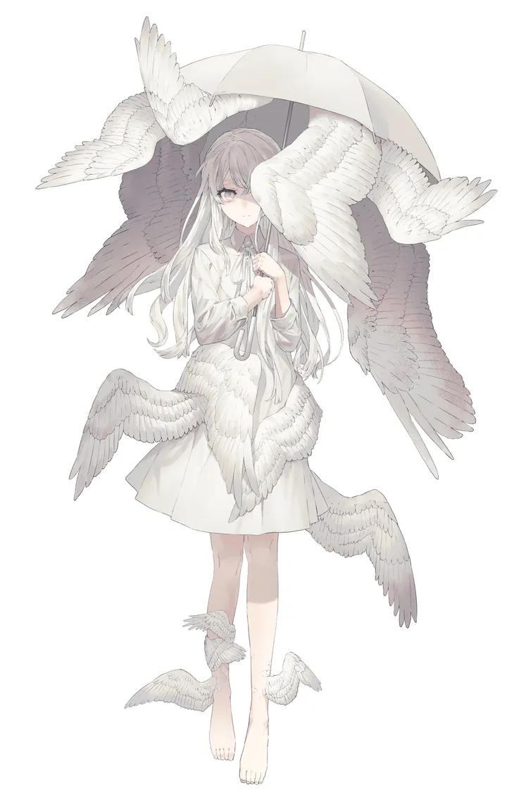 1girl,full_body,solo,angel_wings,holding,holding_umbrella,simple_background,grey_eyes,white_theme,white_hair,white_background,white_dress,looking_at_viewer,vertical,standing,feathered_wings,wings,barefoot,dress,long_hair,long_sleeves,umbrella,bird