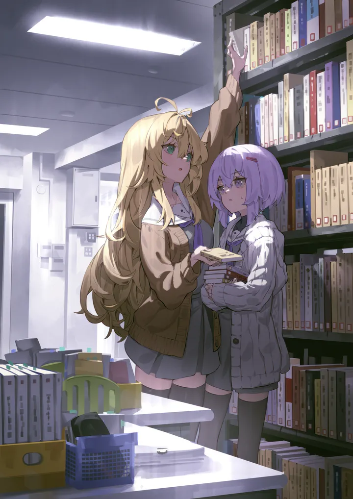 2girls,neckerchief,antenna_hair,arm_up,book,bookshelf,bangs,hairclip,ahoge,closed_mouth,library,multiple_girls,hair_ornament,indoors,hair_between_eyes,open_cardigan,cardigan,very_long_hair,holding,holding_book,school_uniform,brown_cardigan,serafuku,sailor_collar,grey_cardigan,grey_skirt,white_sailor_collar,pleated_skirt,short_hair,skirt,vertical,standing,purple_neckerchief,purple_hair,purple_eyes,zettai_ryouiki,green_eyes,shirt,open_clothes,thighhighs,blonde_hair,long_hair,long_sleeves,black_thighhighs