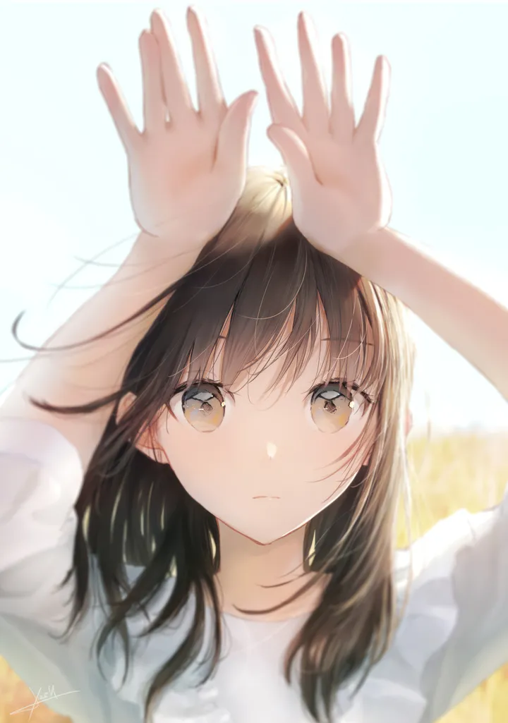 1girl,arms_up,upper_body,bangs,solo,hands_up,closed_mouth,outdoors,depth_of_field,brown_hair,brown_eyes,blurry,blurry_background,day,white_shirt,looking_at_viewer,vertical,signature,shirt,backlighting,long_hair