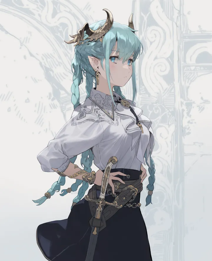 1girl,braid,twin_braids,breasts,sheathed,bangs,sword,sheath,solo,hands_on_hips,closed_mouth,pointy_ears,collared_shirt,simple_background,weapon,aqua_hair,jewelry,white_background,white_shirt,looking_at_viewer,skirt,vertical,earrings,blue_hair,blue_eyes,shirt,horns,long_hair,long_sleeves,black_skirt