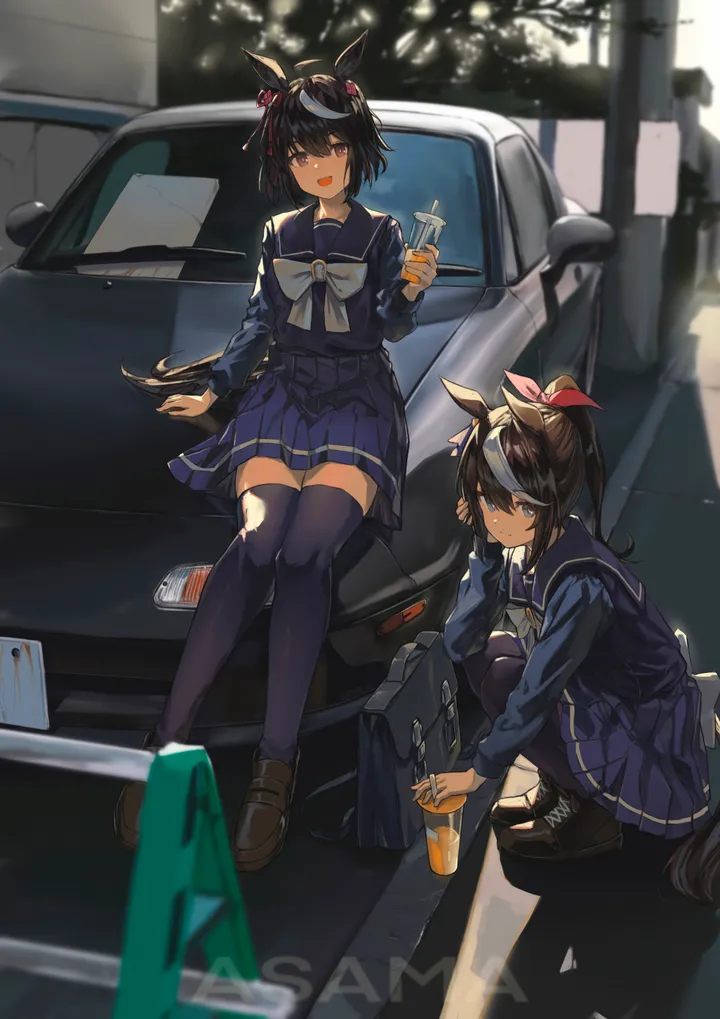 2girls,loafers,animal_ears,bangs,bag,two-tone_hair,drinking_straw,ahoge,ground_vehicle,sitting,multiple_girls,multicolored_hair,tail,open_mouth,outdoors,holding_cup,holding,holding_drink,streaked_hair,motor_vehicle,cup,school_uniform,brown_hair,brown_footwear,blurry,serafuku,sailor_collar,car,white_hair,white_bow,white_bowtie,pleated_skirt,looking_at_viewer,short_hair,skirt,vertical,smile,purple_skirt,purple_shirt,red_eyes,blue_eyes,bow,shirt,squatting,thighhighs,long_hair,long_sleeves,shoes,bowtie,disposable_cup,horse_girl,horse_tail,ponytail,horse_ears,black_hair,black_thighhighs