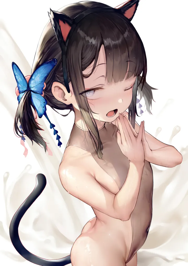 1girl,breasts,fake_tail,animal_ears,bangs,fake_animal_ears,see-through,solo,own_hands_together,twintails,hairband,hair_ornament,tail,ass,open_mouth,simple_background,grey_eyes,cat_tail,cat_ears,white_background,looking_at_viewer,short_twintails,vertical,standing,leotard,blush,loli,butterfly_hair_ornament,wet,small_breasts,collarbone,one_eye_closed,bare_shoulders,highleg_leotard,black_hair