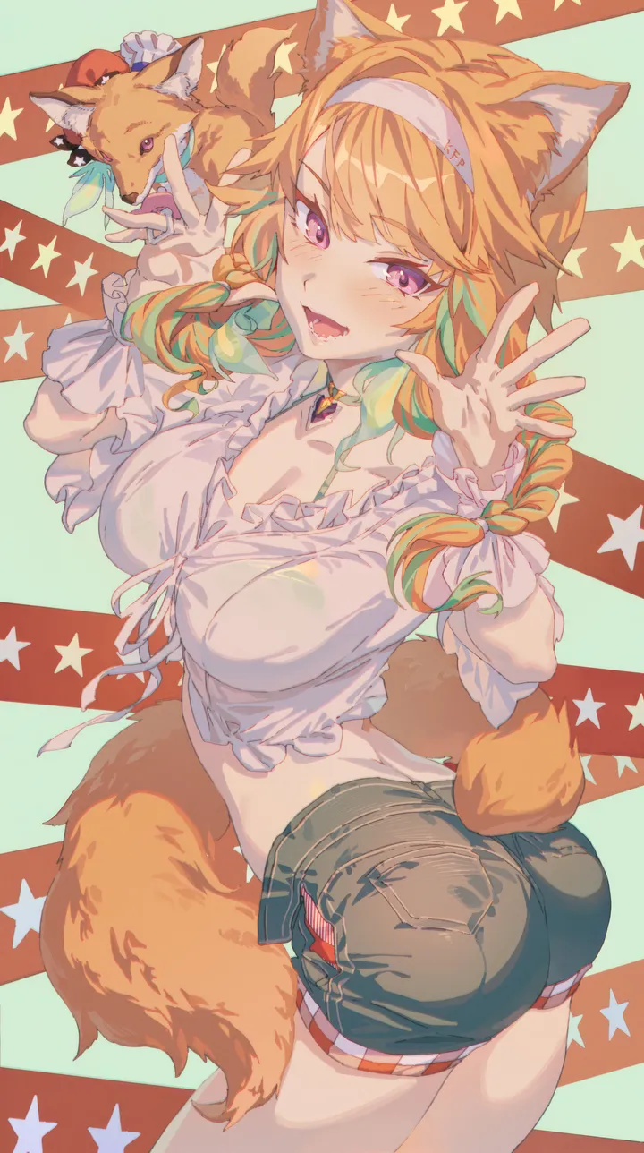 1girl,virtual_youtuber,cowboy_shot,braid,breasts,cleavage,animal_ears,bangs,solo,hairband,multicolored_hair,official_alternate_costume,tail,ass,open_mouth,orange_hair,cat_tail,cat_ears,jewelry,white_shirt,looking_at_viewer,shorts,vertical,smile,short_shorts,purple_eyes,green_hair,feathers,feather_earrings,blush,frills,shirt,twisted_torso,large_breasts,collarbone,long_hair,midriff,choker