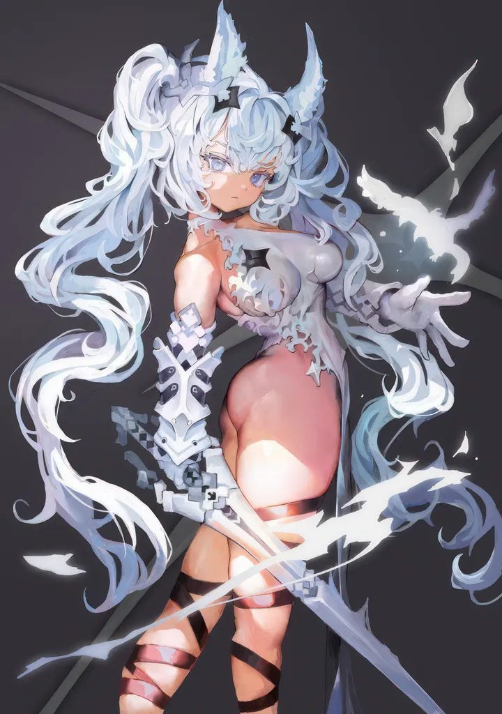 1girl,medium_breasts,breasts,animal_ears,bangs,sword,solo,twintails,closed_mouth,hair_ornament,ass,hair_between_eyes,very_long_hair,gloves,holding_sword,holding_weapon,holding,simple_background,weapon,white_hair,white_gloves,white_leotard,looking_at_viewer,vertical,standing,leotard,animal_ear_fluff,blue_eyes,long_hair,elbow_gloves,bare_shoulders,bird,black_background