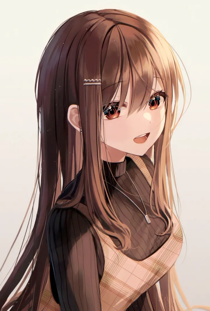 1girl,medium_breasts,breasts,upper_body,upper_teeth_only,bangs,solo,hairclip,hair_ornament,hair_between_eyes,open_mouth,very_long_hair,plaid,plaid_dress,brown_hair,brown_eyes,brown_dress,ribbed_sweater,sweater,gradient,gradient_background,teeth,jewelry,looking_at_viewer,vertical,smile,blush,dress,long_hair,long_sleeves,necklace,turtleneck,turtleneck_sweater,black_sweater