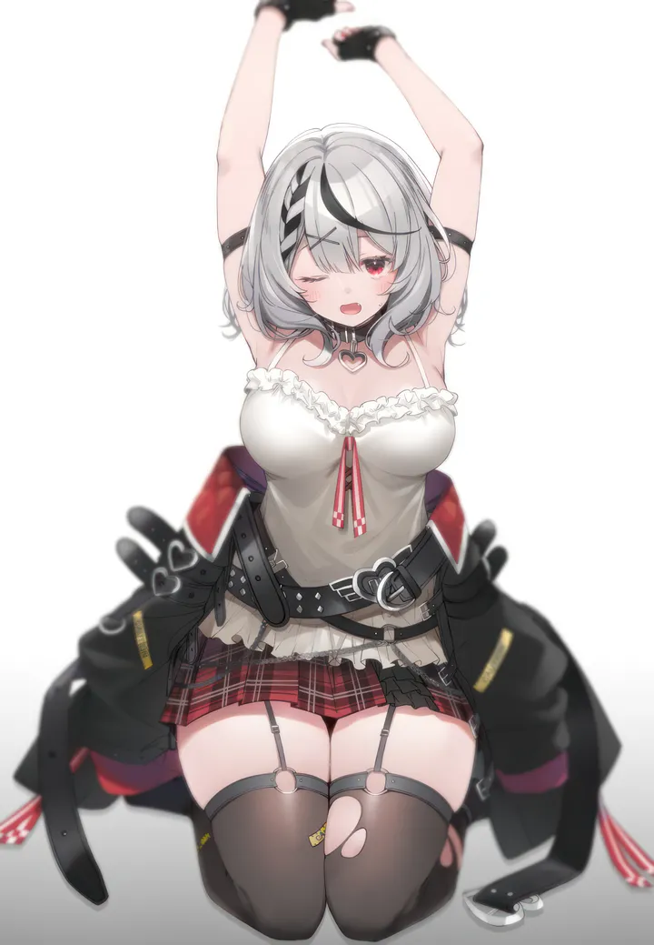 1girl,virtual_youtuber,x_hair_ornament,braid,medium_hair,arms_up,breasts,cleavage,full_body,bangs,solo,garter_straps,sitting,multicolored_hair,thighs,hair_ornament,jacket,camisole,open_mouth,gloves,arm_strap,nail_polish,streaked_hair,fingerless_gloves,simple_background,plaid,plaid_skirt,seiza,grey_hair,white_camisole,white_background,pleated_skirt,belt,looking_at_viewer,skirt,torn_clothes,torn_thighhighs,vertical,red_nails,red_eyes,red_skirt,armpits,shirt,large_breasts,thighhighs,miniskirt,one_eye_closed,collar,black_hair,black_jacket,black_gloves,black_belt,black_collar,black_thighhighs