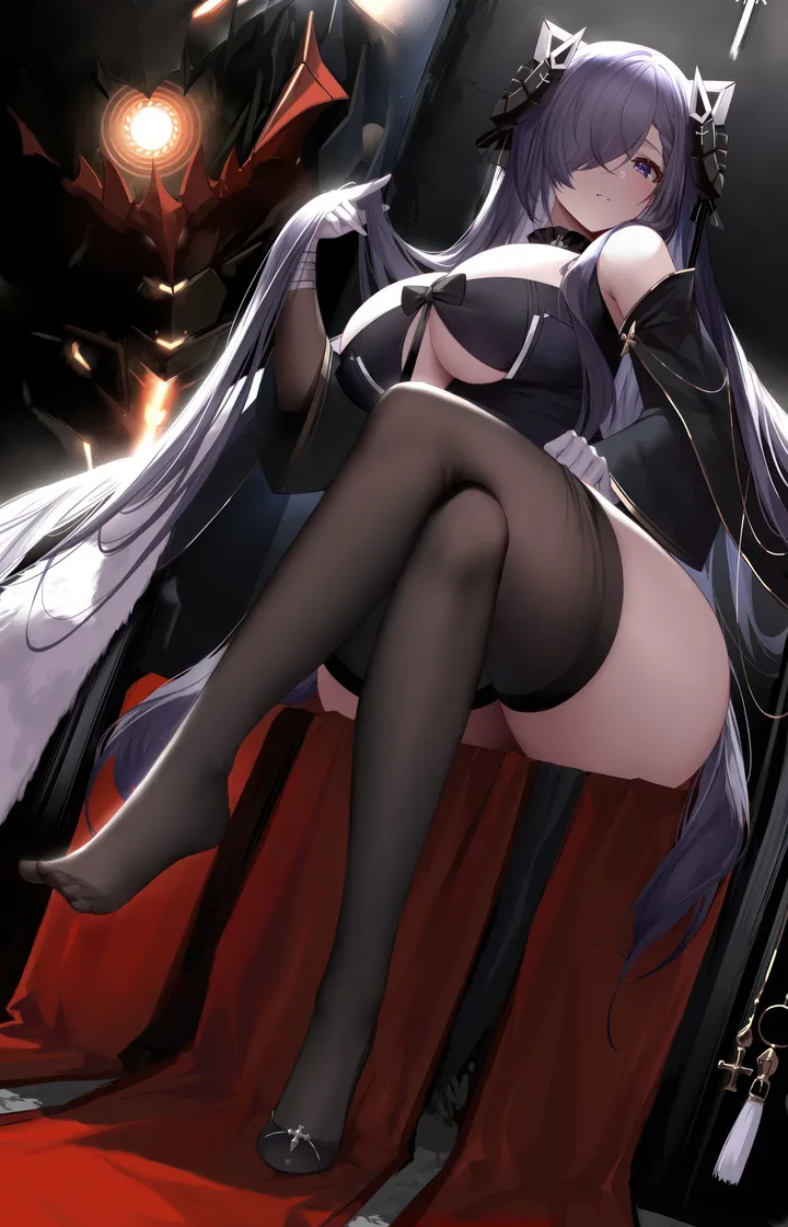 1girl,one_eye_covered,single_shoe,underboob,detached_sleeves,breasts,cleavage,crossed_legs,full_body,bangs,cross,solo,legs,sitting,thighs,hair_over_one_eye,curled_horns,very_long_hair,gloves,mechanical_horns,no_shoes,hand_in_own_hair,shoe_dangle,white_gloves,looking_at_viewer,vertical,purple_hair,purple_eyes,feet,underboob_cutout,clothing_cutout,horns,large_breasts,thighhighs,dress,iron_cross,long_hair,bare_shoulders,shoes,high_heels,black_thighhighs,black_dress,black_footwear