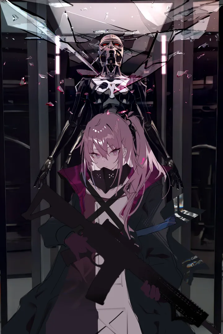 1girl,bangs,one_side_up,closed_mouth,hair_ornament,jacket,gloves,holding_weapon,holding_gun,holding,streaked_hair,gun,rifle,weapon,glass,looking_at_viewer,broken_glass,assault_rifle,vertical,pink_hair,pink_eyes,dress,long_hair,mask