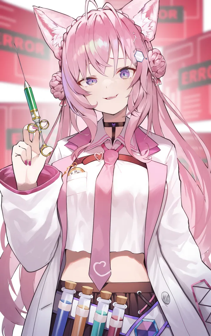 1girl,virtual_youtuber,double_bun,braid,antenna_hair,breasts,animal_ears,bangs,solo,hair_bun,hair_ornament,parted_lips,holding,nail_polish,collared_shirt,syringe,wolf_ears,labcoat,white_shirt,crown_braid,looking_at_viewer,skirt,vertical,smile,pink_hair,pink_nails,pink_necktie,purple_eyes,animal_ear_fluff,shirt,test_tube,braided_bun,long_hair,long_sleeves,midriff,crop_top,choker,necktie,black_skirt,black_choker