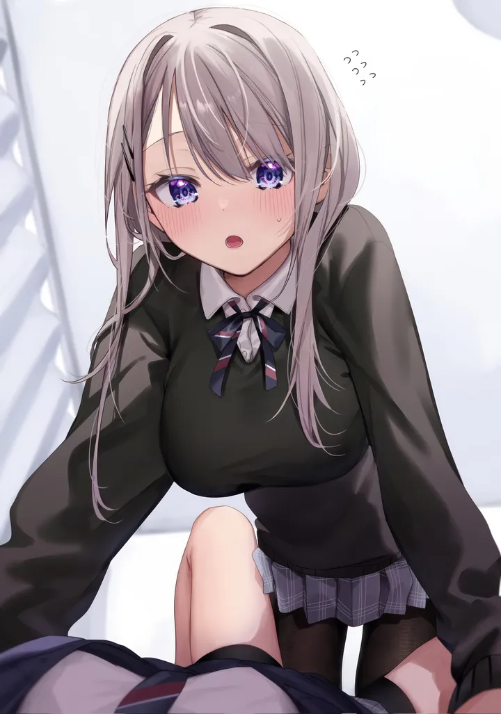 2girls,breasts,bangs,solo_focus,multiple_girls,hair_ornament,female_pov,open_mouth,collared_shirt,striped,school_uniform,plaid,plaid_skirt,sweater,flying_sweatdrops,grey_hair,white_shirt,yuri,pleated_skirt,looking_at_viewer,skirt,vertical,pov,purple_eyes,blush,blue_eyes,shirt,large_breasts,pantyhose,long_hair,long_sleeves,necktie,black_sweater