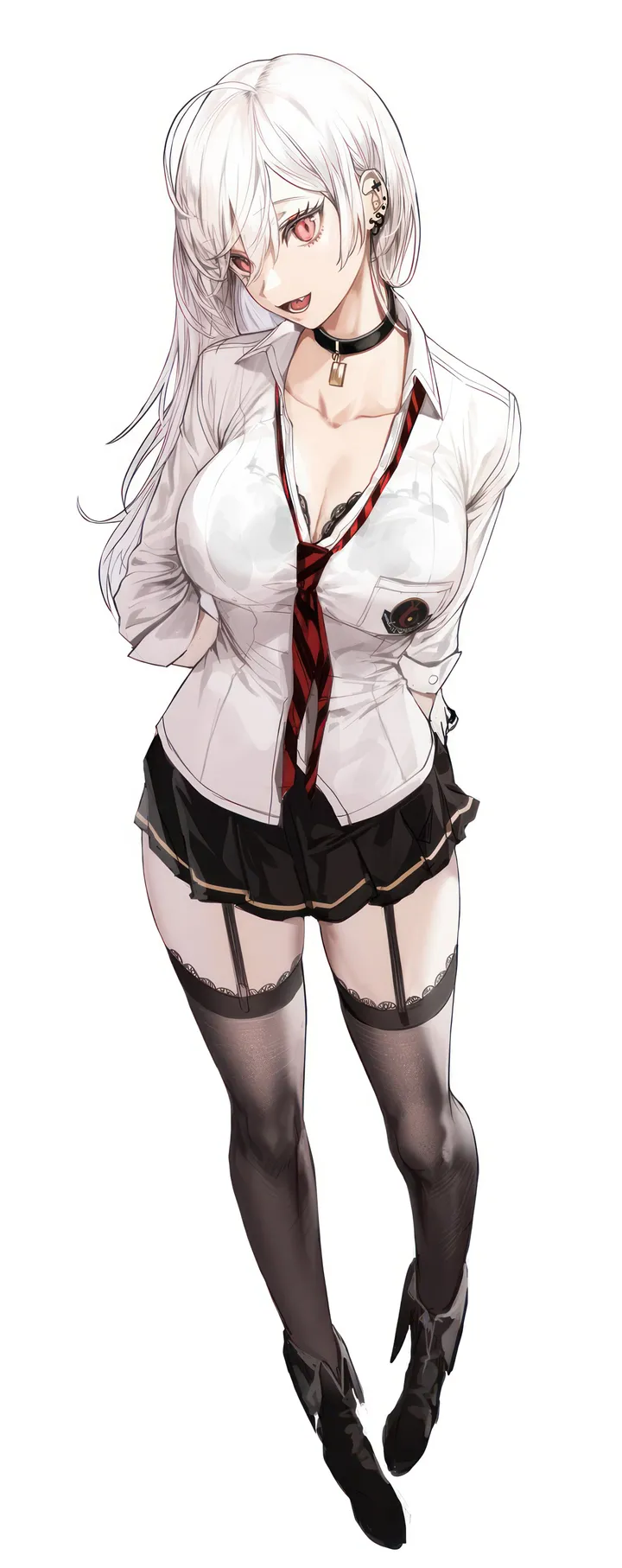 1girl,breasts,cleavage,full_body,underwear,bangs,solo,arm_behind_back,arms_behind_back,pocket,garter_straps,open_mouth,nail_polish,collared_shirt,simple_background,loose_necktie,school_uniform,jewelry,white_hair,white_background,white_shirt,pleated_skirt,looking_at_viewer,skirt,piercing,ear_piercing,vertical,standing,smile,red_eyes,red_necktie,earrings,breast_pocket,bra,lace,lace-trimmed_legwear,lace_trim,shirt,dress_shirt,large_breasts,thighhighs,miniskirt,collarbone,long_hair,long_sleeves,boots,bra_visible_through_clothes,choker,necktie,black_nails,black_skirt,black_bra,black_thighhighs,black_footwear,black_choker