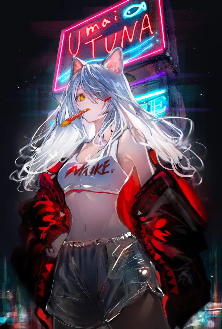 1girl,cowboy_shot,medium_breasts,breasts,animal_ears,bangs,solo,hand_on_hip,hairclip,night,hair_ornament,hair_over_one_eye,jacket,stomach,outdoors,cat_girl,cat_ears,mouth_hold,white_hair,looking_at_viewer,shorts,vertical,standing,short_shorts,red_jacket,navel,open_jacket,open_clothes,pantyhose,long_hair,neon_lights,midriff,bare_shoulders,off_shoulder,crop_top,yellow_eyes,black_shorts,black_pantyhose