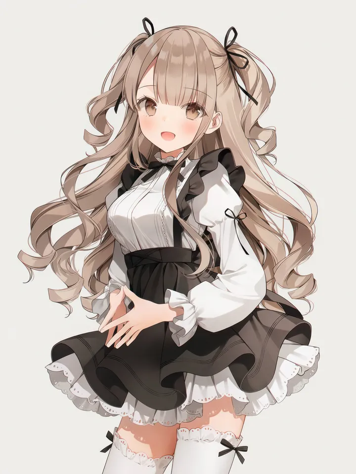 1girl,cowboy_shot,ribbon,medium_breasts,breasts,bangs,solo,suspender_skirt,hair_ribbon,two_side_up,steepled_fingers,open_mouth,very_long_hair,juliet_sleeves,simple_background,brown_hair,brown_eyes,white_background,white_shirt,white_thighhighs,looking_at_viewer,skirt,vertical,standing,smile,zettai_ryouiki,suspenders,blush,frills,puffy_sleeves,puffy_long_sleeves,shirt,thighhighs,dress,long_hair,long_sleeves,high-waist_skirt,black_ribbon,black_skirt