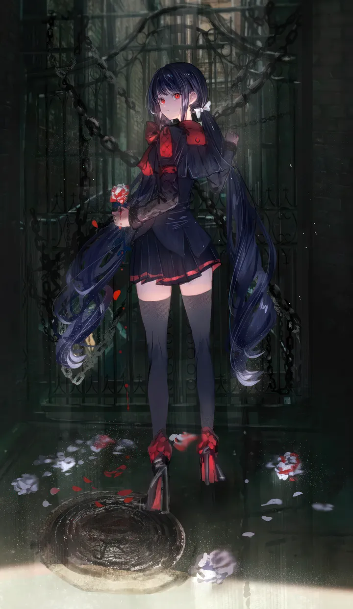 1girl,low_twintails,full_body,bangs,solo,twintails,looking_back,hair_ornament,indoors,capelet,very_long_hair,holding,holding_flower,mole_under_eye,rose,mole,white_flower,pleated_skirt,looking_at_viewer,skirt,vertical,standing,red_eyes,red_flower,red_bow,red_bowtie,zettai_ryouiki,petals,bow,blood,shirt,thighhighs,miniskirt,chain,long_hair,long_sleeves,bowtie,high_heels,flower,black_hair,black_skirt,black_shirt,black_thighhighs