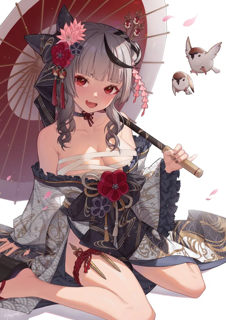 1girl,virtual_youtuber,breasts,cleavage,bangs,solo,single_hair_bun,kimono,hair_bun,sitting,multicolored_hair,thigh_strap,hair_flower,hair_stick,hair_ornament,budget_sarashi,open_mouth,holding,streaked_hair,holding_umbrella,japanese_clothes,oil-paper_umbrella,grey_hair,white_kimono,white_background,looking_at_viewer,vertical,smile,red_eyes,chest_sarashi,blush,frills,frilled_kimono,frilled_sleeves,fang,sarashi,large_breasts,umbrella,bare_shoulders,choker,flower,bird,wariza,black_hair