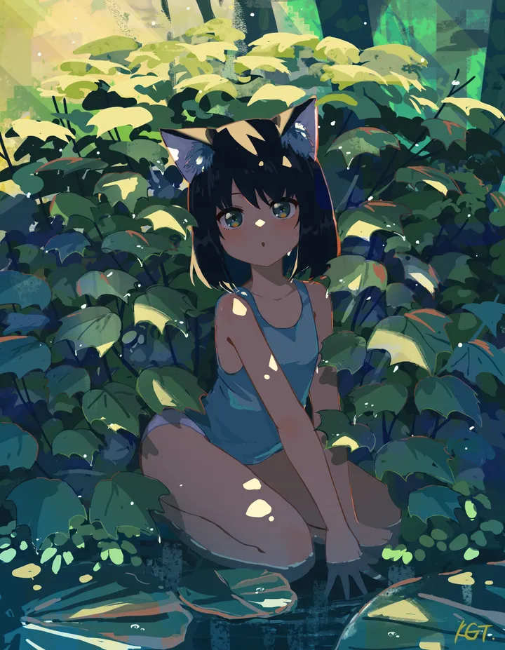 1girl,dappled_sunlight,medium_hair,animal_ears,underwear,panties,bangs,solo,leaf,sitting,nature,parted_lips,outdoors,tank_top,forest,plant,water,cat_ears,day,white_panties,looking_at_viewer,short_hair,vertical,signature,green_eyes,animal_ear_fluff,blush,collarbone,sunlight,bare_shoulders,black_hair