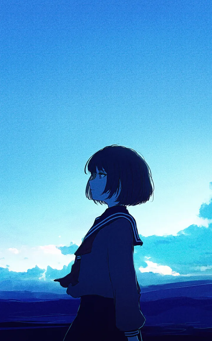 1girl,neckerchief,cloud,from_side,profile,bangs,solo,monochrome,sky,outdoors,school_uniform,serafuku,sailor_collar,bob_cut,short_hair,skirt,vertical,standing,blue_theme,blue_sky,long_sleeves,black_hair