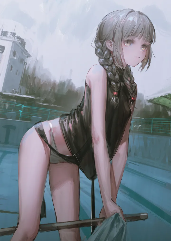 1girl,braid,twin_braids,bikini_bottom_only,underwear,panties,bangs,solo,closed_mouth,building,outdoors,holding,sleeveless,sleeveless_shirt,brown_eyes,bikini,water,pool,swimsuit,grey_hair,vertical,standing,shirt,bare_arms,leaning_forward,long_hair,bare_shoulders,black_shirt