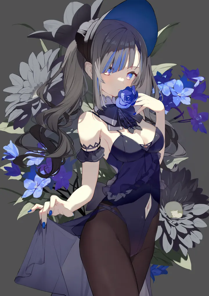 1girl,cowboy_shot,medium_breasts,breasts,cleavage,bangs,solo,twintails,bonnet,multicolored_hair,hat,holding,holding_flower,nail_polish,streaked_hair,grey_hair,rose,looking_at_viewer,vertical,leotard,navel,frills,blue_hair,blue_nails,blue_rose,blue_eyes,blue_flower,clothing_cutout,pantyhose,long_hair,bare_shoulders,navel_cutout,flower,black_background,black_pantyhose