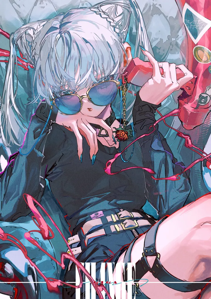 1girl,double_bun,bangs,solo,hands_up,twintails,hair_bun,round_eyewear,sitting,sunglasses,thigh_strap,parted_lips,phone,buckle,holding,fingernails,nail_polish,tinted_eyewear,chair,grey_hair,cone_hair_bun,jewelry,white_hair,white_belt,belt,looking_at_viewer,glasses,shorts,vertical,english_text,blue_nails,blue_eyes,shirt,looking_over_eyewear,long_hair,long_sleeves,choker,black_shirt