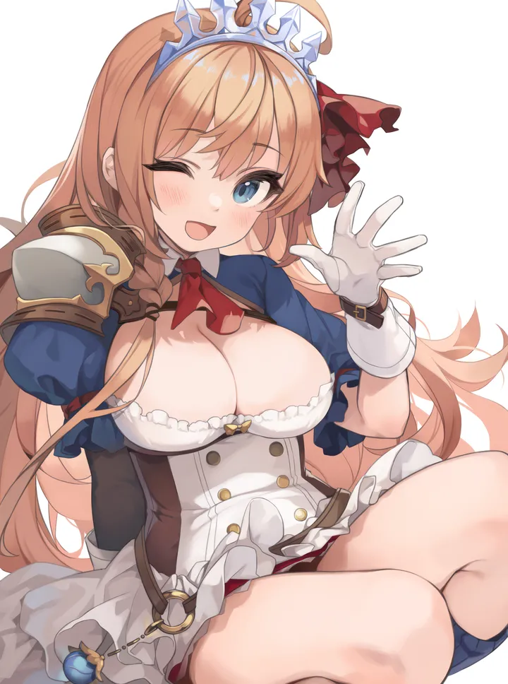 1girl,braid,ribbon,breasts,cleavage,bangs,solo,ahoge,sitting,side_braid,thighs,hair_ribbon,open_mouth,very_long_hair,gloves,hand_up,simple_background,orange_hair,white_gloves,white_background,tiara,armor,looking_at_viewer,short_sleeves,skirt,vertical,smile,red_ribbon,shoulder_armor,blush,blue_eyes,blue_sleeves,blue_socks,puffy_short_sleeves,puffy_sleeves,large_breasts,shrug_clothing,dress,long_hair,one_eye_closed